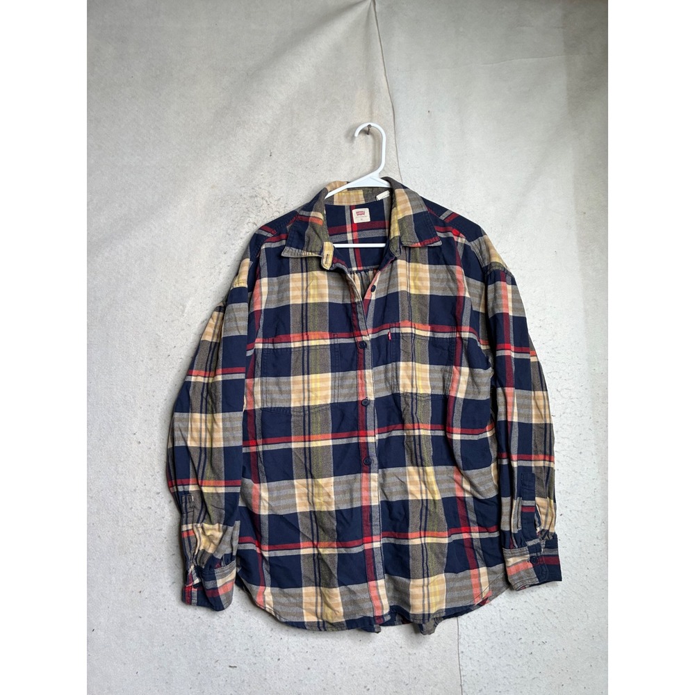 Levis Womens XL Plaid Flannel Button Down Shirt Navy Blue Red Long Sleeve Top